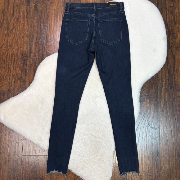 Express Skinny Jeans 6L Dark Wash Ripped Knee Raw Hem 6 Long Stretch High-Rise - Picture 4 of 9